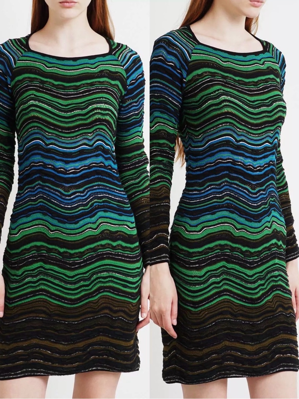Missoni Green and Blue Striped Long-Sleeve Midi Dress - Picture 2 of 7